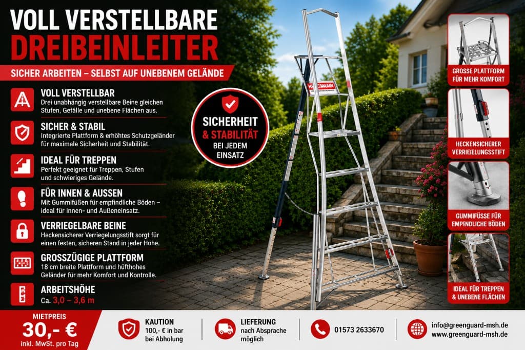 Voll verstellbare Dreibeinleiter mit Plattform mieten bei Green Guard GmbH